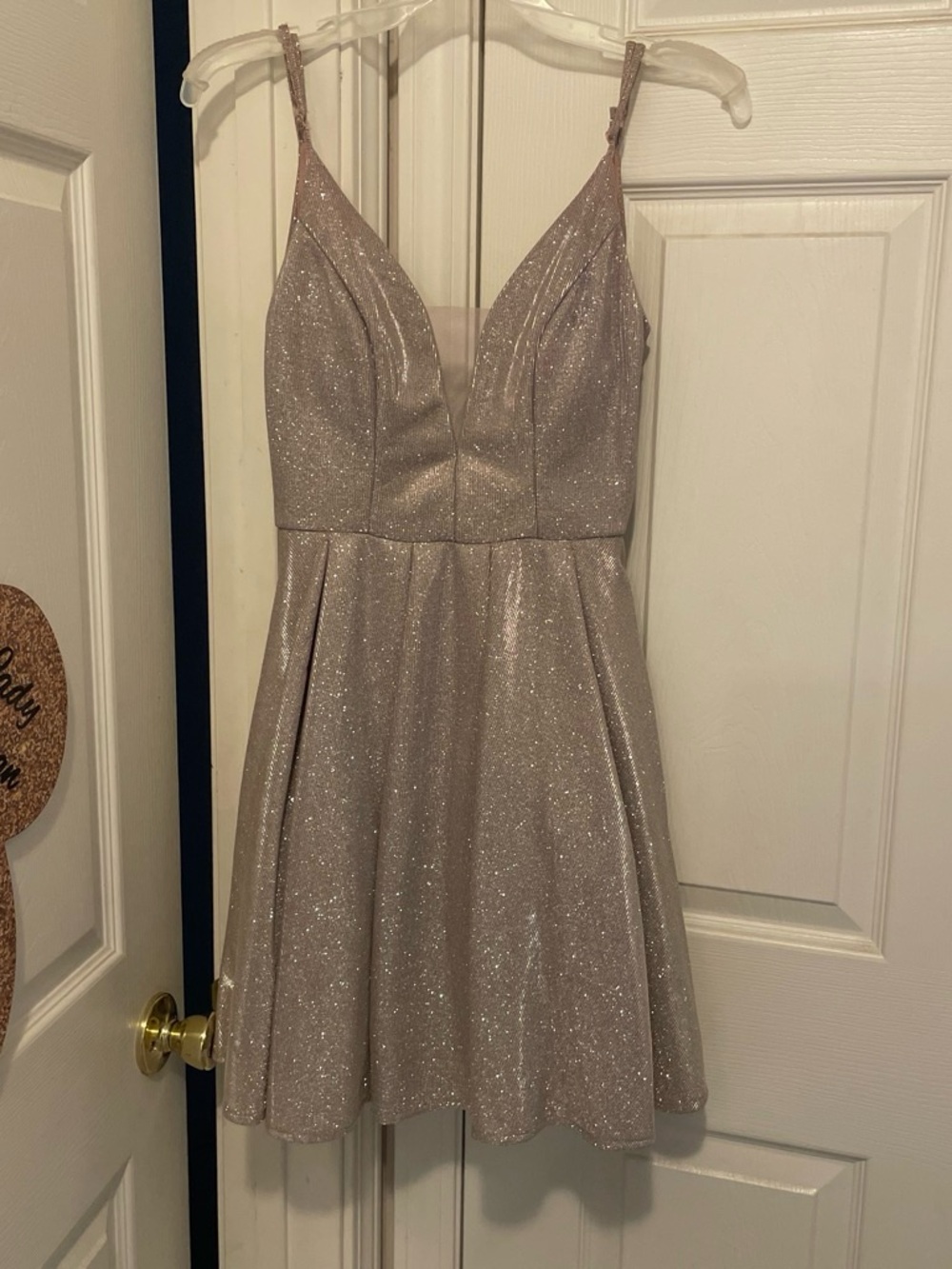 B Darlin Shimmery Champagne Sparkle V-Neck Mini Dress
